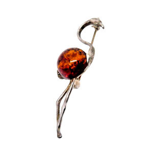Vintage Amber Resin Sterling Silver Flamingo Pin Brooch Bird Jewelry